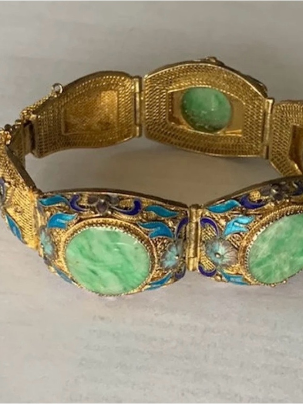 Vintage Gold Vermeil Cuff Bracelet with Cloisonné Enamel and Jadeite Statement